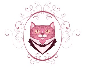 Obraz premium illustration of a vintage retro cat, portrait of a gentleman, in a frame in vignettes. Hand drawn in 19th century style, pink shades.