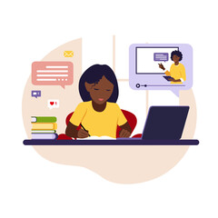 African girl sitting behind his desk studying online using his computer. Illustration with work table, laptop, books. Flat vector.