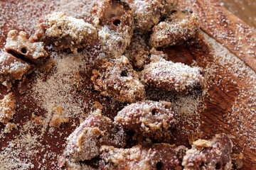 Chicken heart made on skewers, traditional food on barbecue.