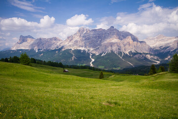 Fototapeta na wymiar dolomites mountains view from green summer fields, blue sky and white clouds, italy