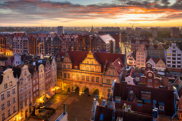 Aerial view of the old town of Gdansk at dawn, Poland