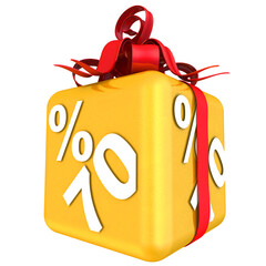 Seventy percent as a gift. The gold cube with the inscription SEVENTY PERCENT is tied with a scarlet ribbon with a bow. 3D illustration