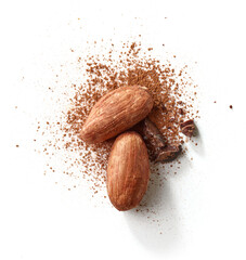 cocoa beans and powder isolated on white background