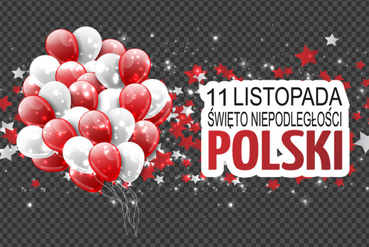 Święto Niepodległości Polski 11 listopada (in Polish) - Poland Independence Day 11 November. Holiday celebration banner or poster. Decoration graphics with national red and white flag.