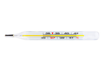 glass thermometer for measuring body temperature on a white background