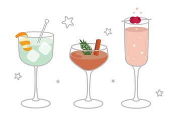 christmas festive cocktails set - isolated, editable vector illustrations