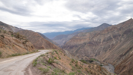 Single road along Tablachaca valley and river in the northern Andes of Peru.