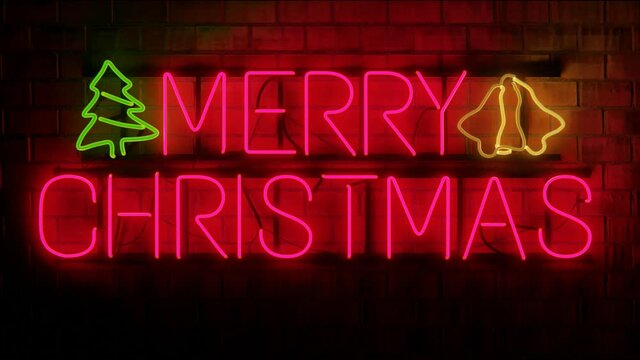 Merry Christmas neon sign with brick background.
Looped animation
