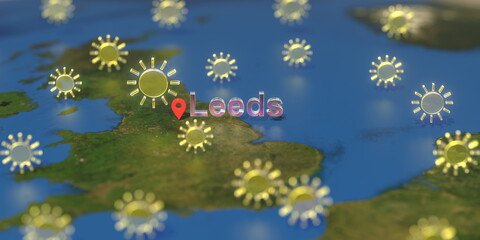 Fototapeta na wymiar Leeds city and sunny weather icon on the map, weather forecast related 3D rendering