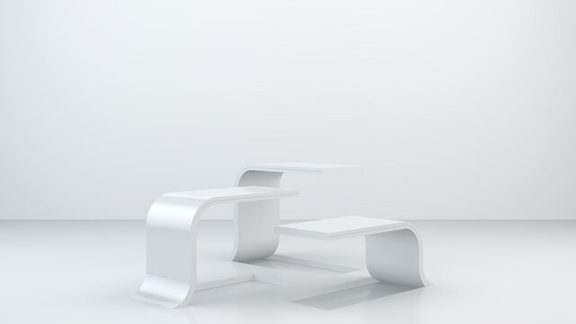 Three white empty podiums or stands for product presentation. 3d render.