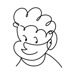 smiling boy face with curly hair continuous line, isolated design