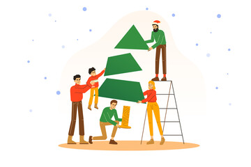 People making christmas tree together and celebrating new year holiday. Isolated vector illustration for poster, greeting card, web, ui