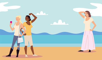 people outdoor activity, women taking selfie with mobile and woman standing