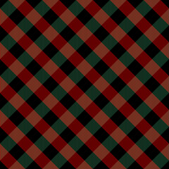 Diagonal tartan Christmas and new year plaid. Scottish pattern in red, green and black cage. Scottish cage. Traditional Scottish checkered background. Seamless fabric texture. Vector illustration