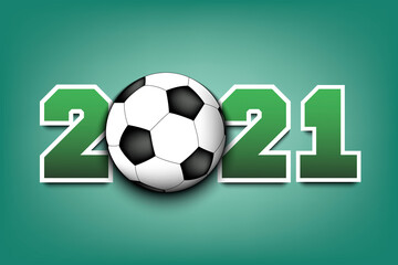Obraz premium New Year numbers 2021 and soccer ball on an isolated background. Design pattern for greeting card, banner, poster, flyer, party invitation, calendar. Vector illustration