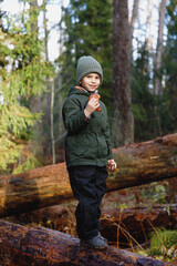 Fototapeta premium snack on a walk in the woods. little boy with croissant in nature