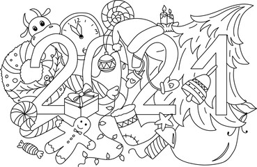 Fototapeta na wymiar 2021 New Year hand lettering doodles elements background. Vector illustration