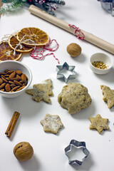 Christmas cookies made from almond flour. Use a rolling pin and cookie cutters to make healthy gluten-free almond cookies. Homemade healthy cookies