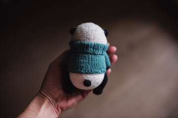 Handmade knitted toy. Amigurumi panda toy in  blue color sweater on the wooden  background. Crochet stuffed animals.One of the three sides. 