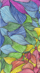 An abstract rainbow-colored pattern similar to plant petals or shells. Background.