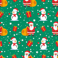 Christmas seamless pattern, vector background, Santa Claus and Snowman with gifts