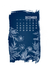 2021 calendar created with cyanotype process with floral leaves. December month.
