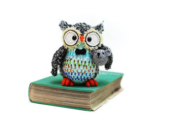 Handmade knitted toy. Amigurumi black owl toy holding mouse and sitting on the book  on the white background. Crochet stuffed animals. 