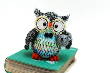 Handmade knitted toy. Amigurumi black owl toy holding mouse and sitting on the book  on the white background. Crochet stuffed animals. 