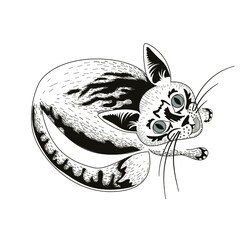 The cat sits and licks its lips, he looks up, painted in black. Isolated over white background. Stock vector illustration.