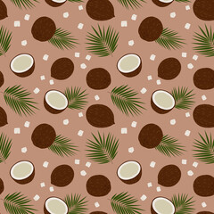 Tropical coconut flat vector seamless pattern. Palm leaves and coconuts texture in hand drawn style on light brown background. Trendy design for wrapping paper, wallpaper, summer beach fabric