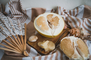 still life with pomelo, sea shells and hand fan, summer vibrations