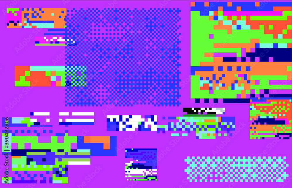 Poster Abstract pixelated retro background in 8-bit retrowave style. Conceptual illustration of steganography.