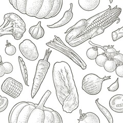 Seamless pattern vegetables. Cucumbers, Garlic, Corn, Pepper, Broccoli, Potato, Carrot,