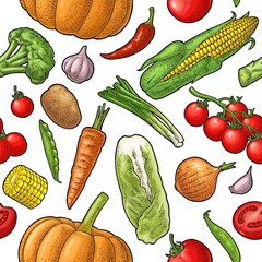 Seamless pattern vegetables. Cucumbers, Garlic, Corn, Pepper, Broccoli, Potato, Carrot,