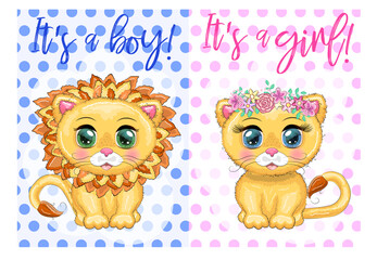 baby shower invitation for boy and girl.Blue and pink chevron background with Cute cartoon lion and lioness with big eyes in a bright style of children
