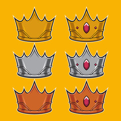 set of crown with diamond in gold silver and bronze color in cartoon style
