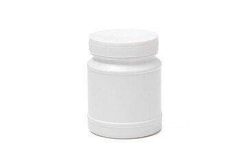 white medical jar on white background, plastic container with lid, white tube for cream or cosmetics, base for design, mock up