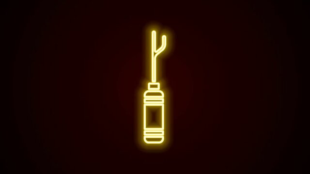 Glowing neon line Awl tool with wooden handle icon isolated on black background. Work equipment tailor industry. 4K Video motion graphic animation