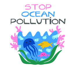 Stop ocean pollution. Coronavirus plastic waste pollution. Vector flat illustration for World Environment Day. Sea garbage - face masks, latex gloves, plastic bottles.