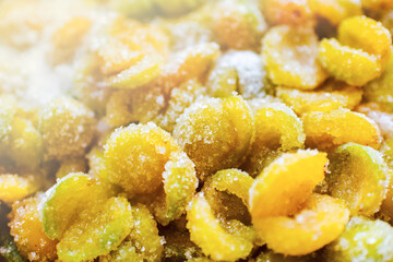 Plum purified covered with sugar. Preparation for cooking jam
