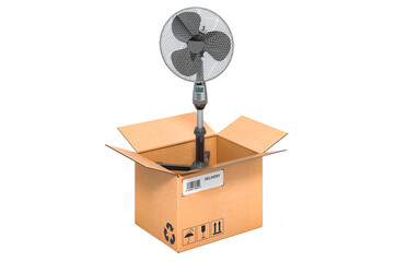 Standing pedestal fan inside cardboard box, delivery concept. 3D rendering