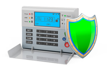 Home security alarm system with shield, 3D rendering