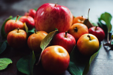 Ripe red small apples in the basket in  on dark table.  Autumn harvest. Macro