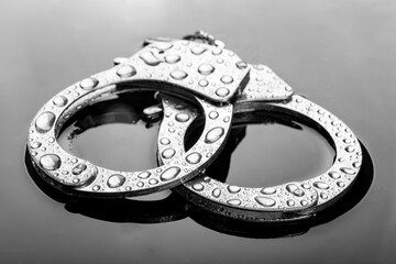 Water drops on metal handcuffs. Police accessories to incapacitate people flooded with water.