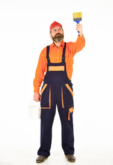 Walls of home desperate need of new color palette. Bearded mature man painter. Wall painter with painting tool. Hipster painter. Painters work. Construction and renovation. Decoration and decor