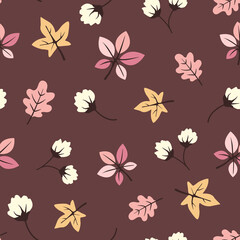 Seamless surface repeat vector pattern design with yellow, pink and white flowers and leaves in autumn\fall on a brown background