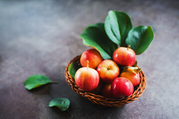 Ripe red small apples in the basket in  on dark table.  Autumn harvest. Macro