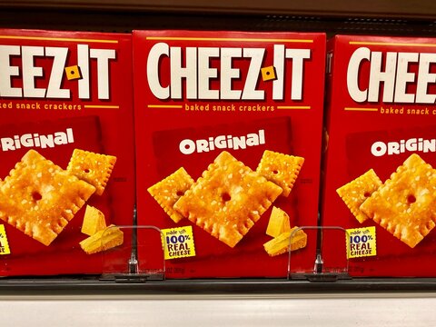 Cheez It baked snack crackers on a store shelf 