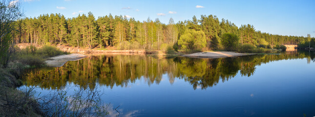 Spring panorama of the protected forest river.