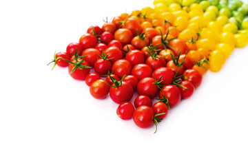 The harvest of tomatoes. Different color and varieties of tomatoes on a white background. Healthy...